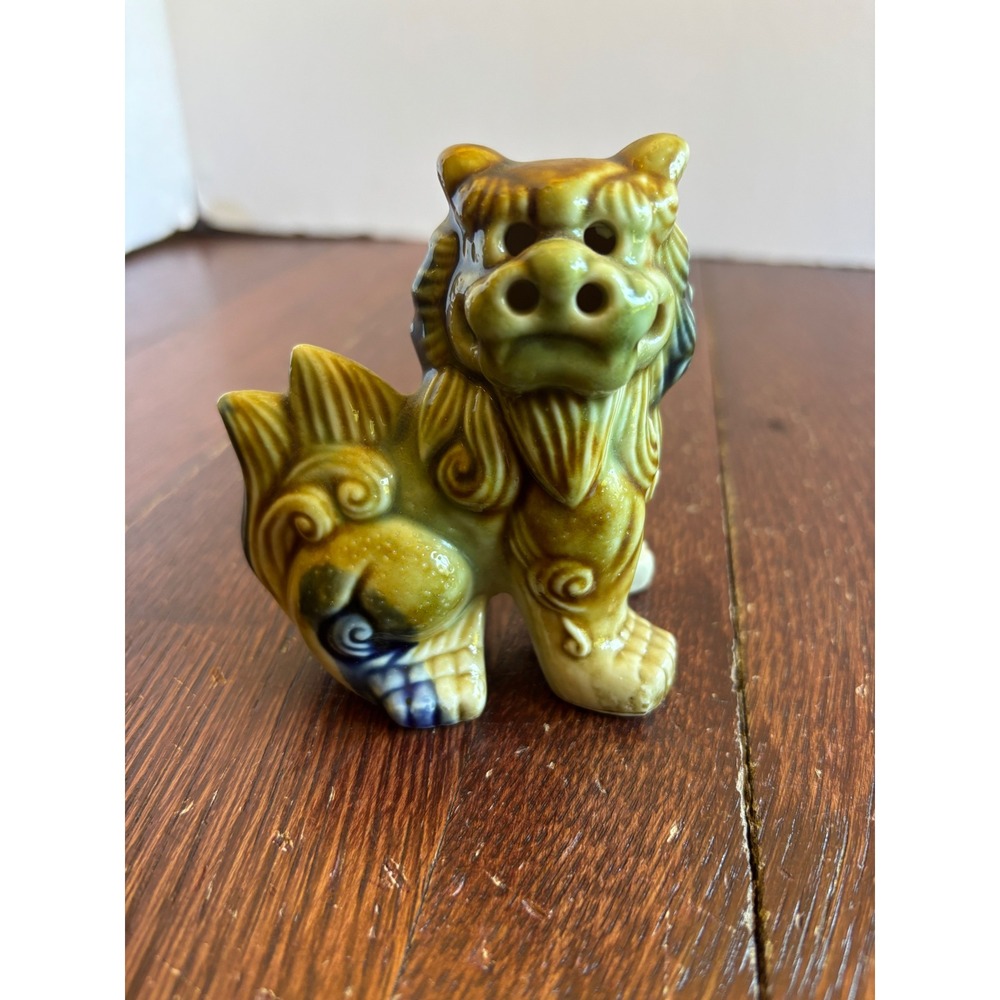 Vintage Japanese Shisa Foo Dog Ceramic Figurine Green Brown Drip Glaze Guardian